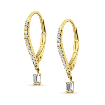 Dangle Hoop Leverback Earrings Round & Baguette CZ Yellow Tone 925 Sterling Silver